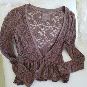 Short Lace Brown Jacket Top Small Soft Waist Ruffle Arizona Stretchy See Through